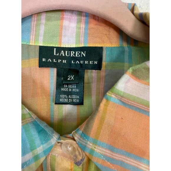 RALPH LAUREN Button Up Shirt Pastel Plaid Gauze Semi Sheer Roll Tab 2X - Picture 3 of 11